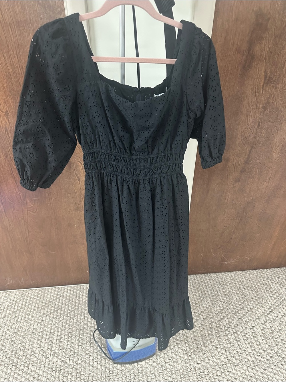 Lost + Wander Black Eyelet Puff-Sleeve Midi Dress